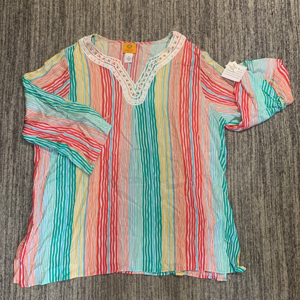 New Ruby Rd. Tropical Splash Tunic Top Crochet Trim Colorful Striped Blouse 1X